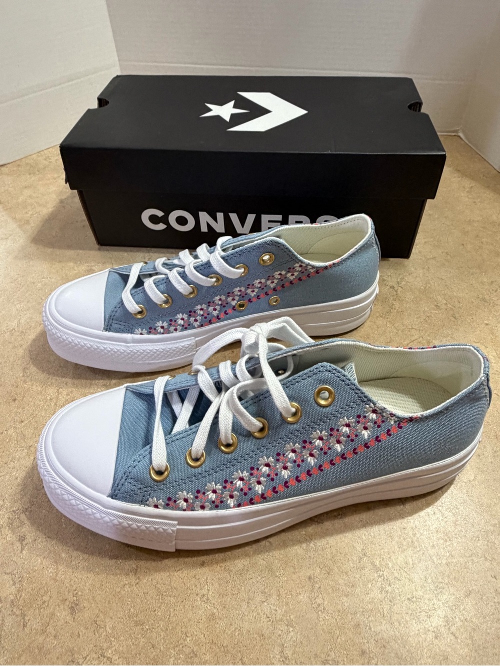 Converse Women’s Platform Denim Blue Canvas Floral Embroidered Low Top Sneakers